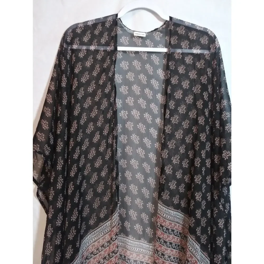 Coldwater Creek Sheer Silky Black Printed Kimono Cover-Up Size One Size
